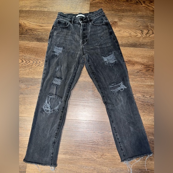 Pacsun High-Rise Straight Leg Distressed Raw Hem Black Jeans Size 23 - Picture 1 of 4
